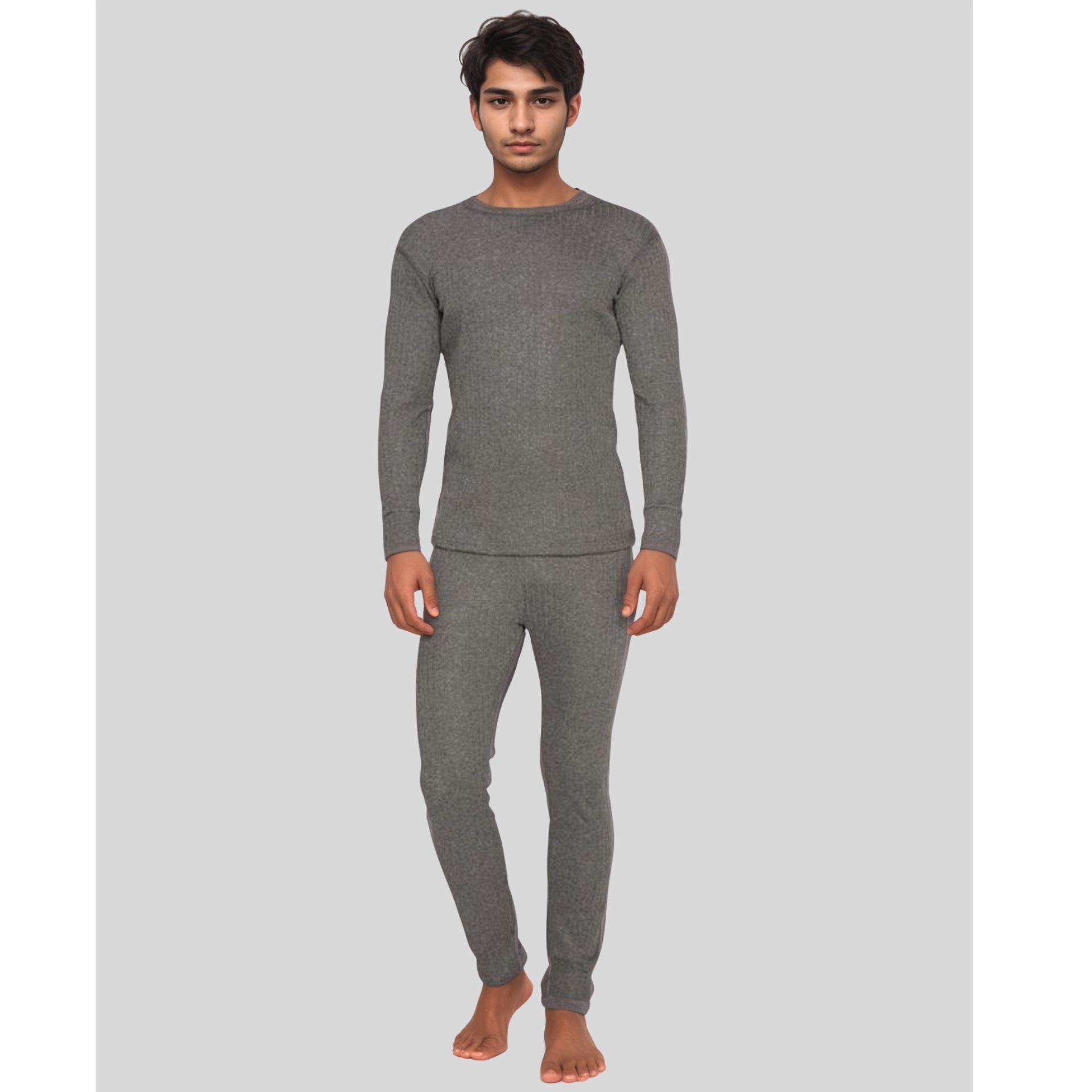 Man wearing a SILKCUT UNDERWEAR THERMAL SET IN BLUE  set on a light gray background thermal underwear set on a light gray background