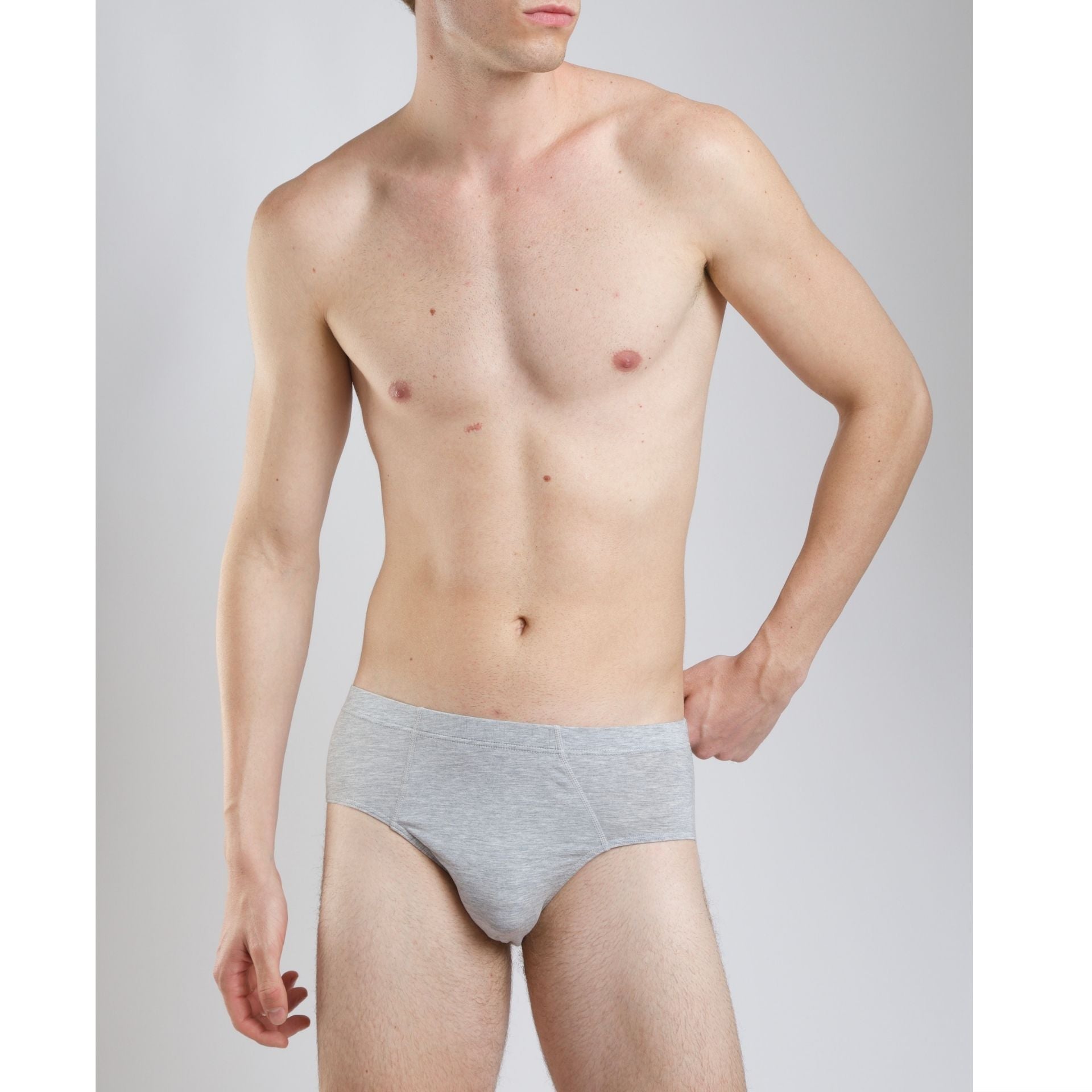 Model wearing grey modal brief front view