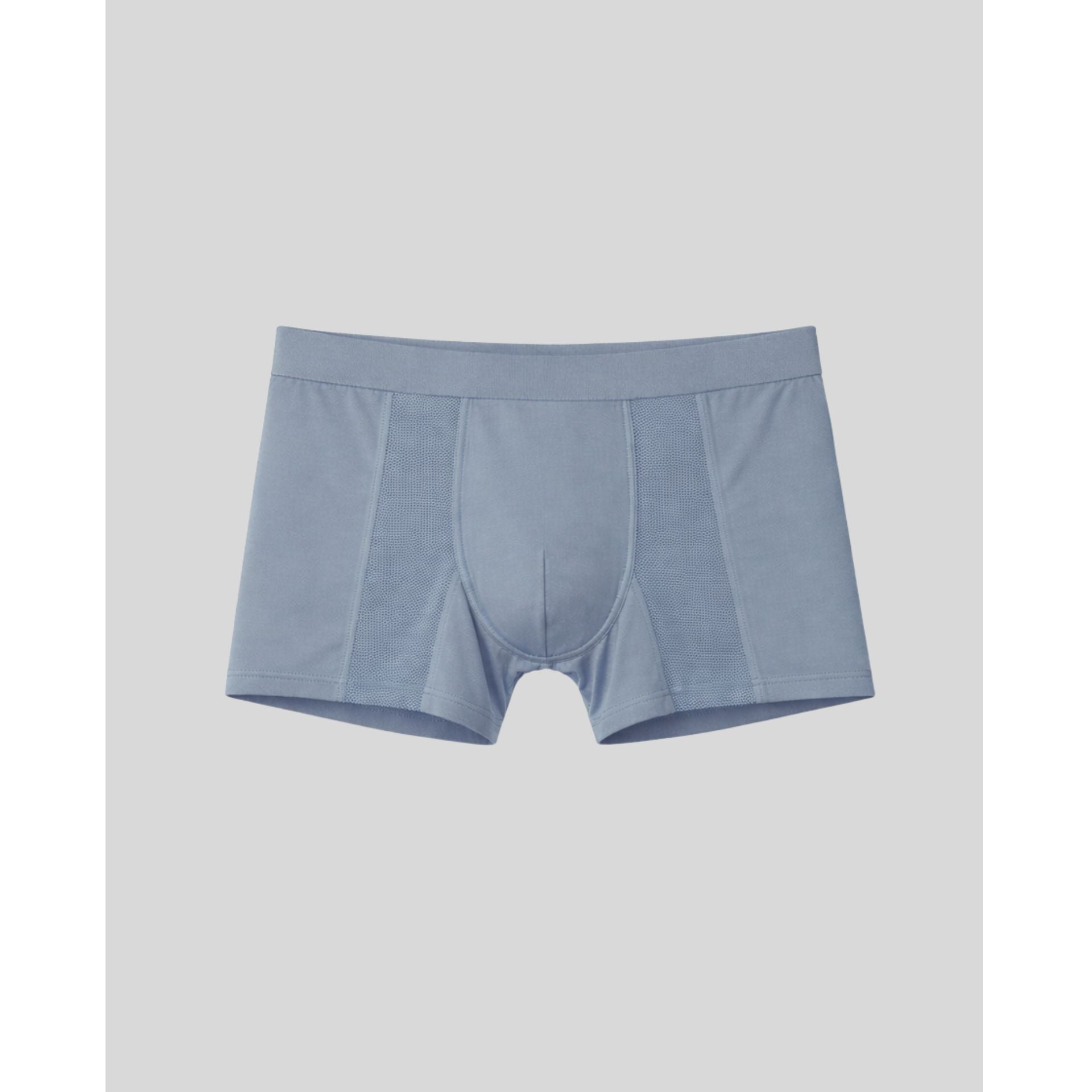Blue boxer briefs on a light gray background
