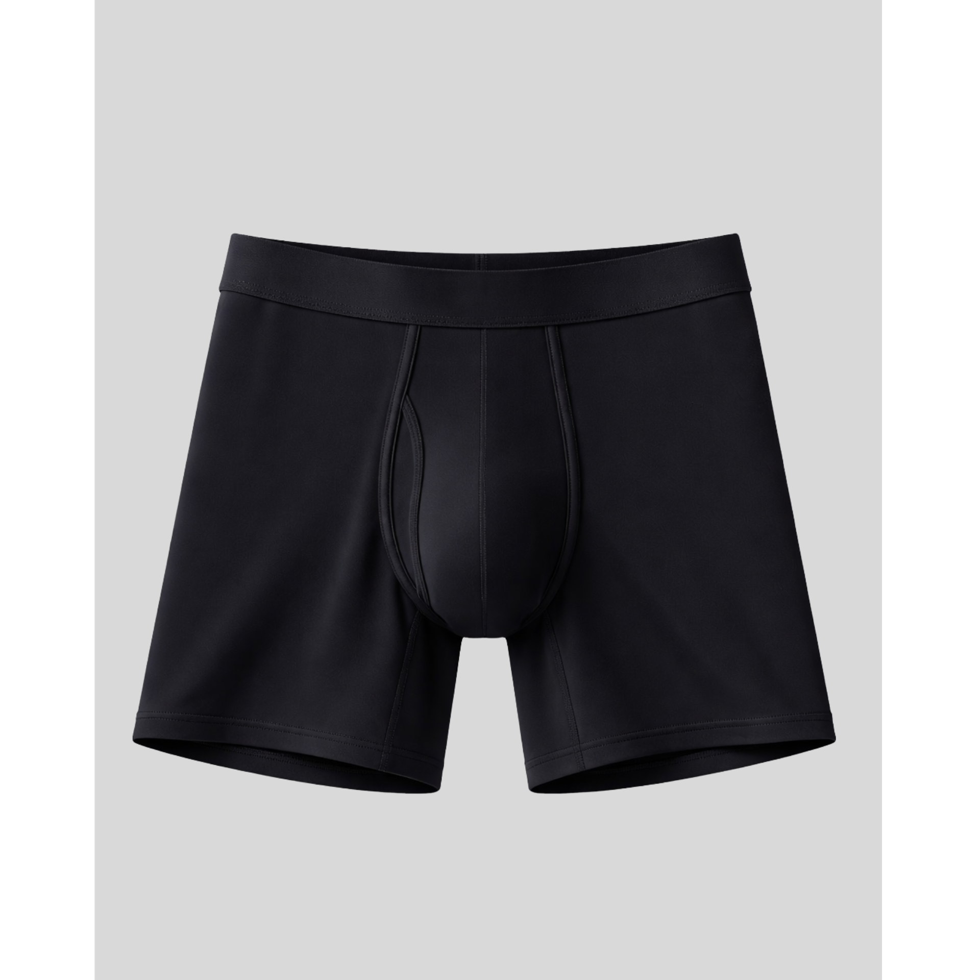 Black boxer briefs on a light gray background
