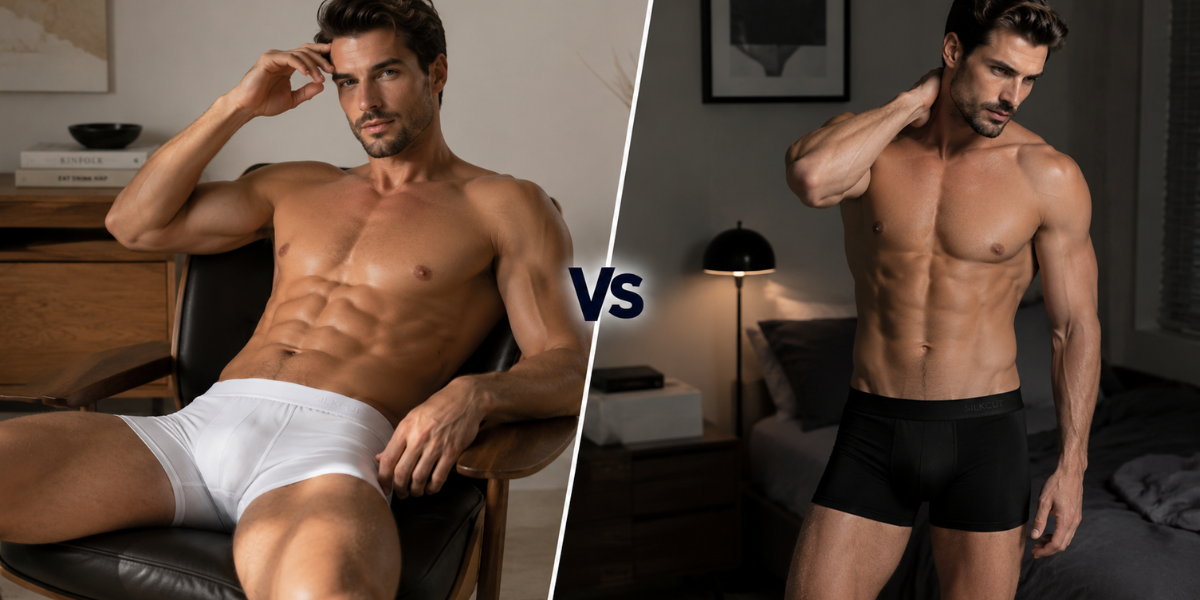 SilkCut vs Pair of Thieves comparison image showing breathable SilkCut underwear beside value performance boxer briefs for travel and daily wear