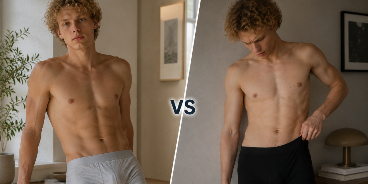 SilkCut vs Calvin Klein comparison image showing breathable SilkCut Micro Modal Air underwear beside classic cotton logo waistband underwear